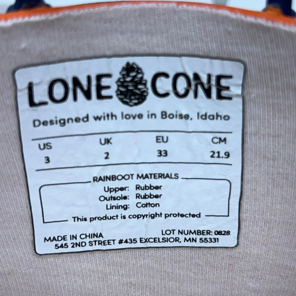 Lone Cone Kids Size 3 Orange Dinosaur Pattern Rubber Rain Boots New